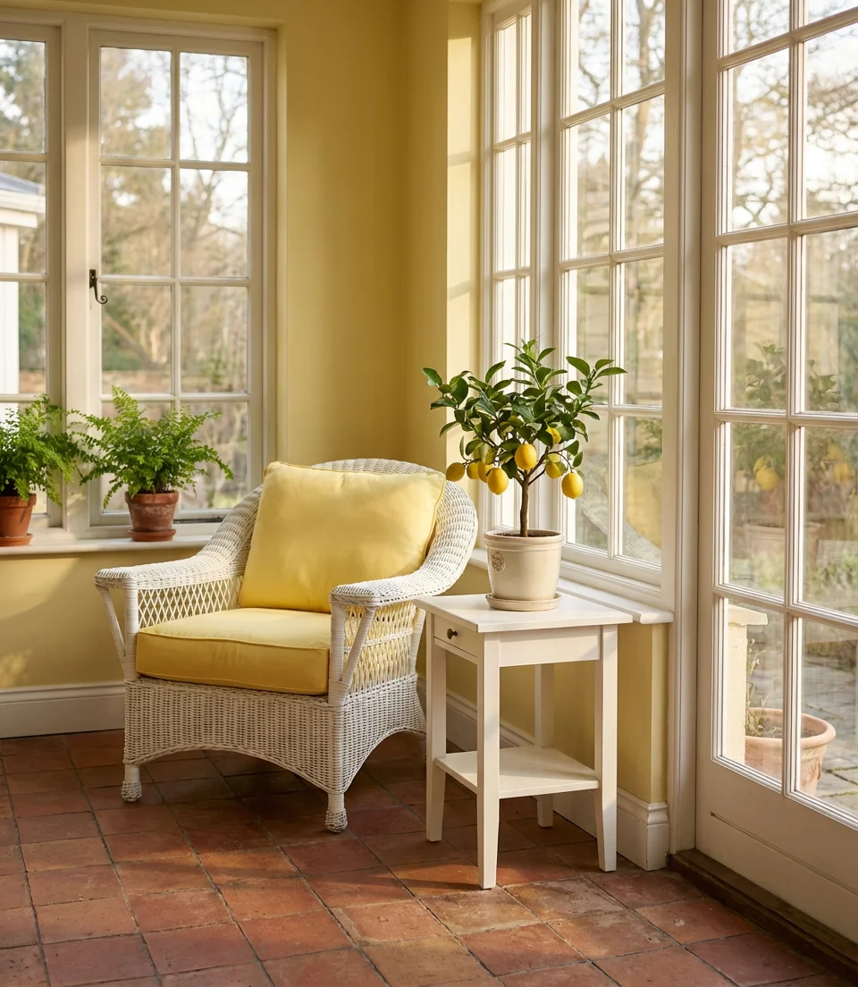 Yellow Sunroom with Cheerful Accents and Bright Textiles 1