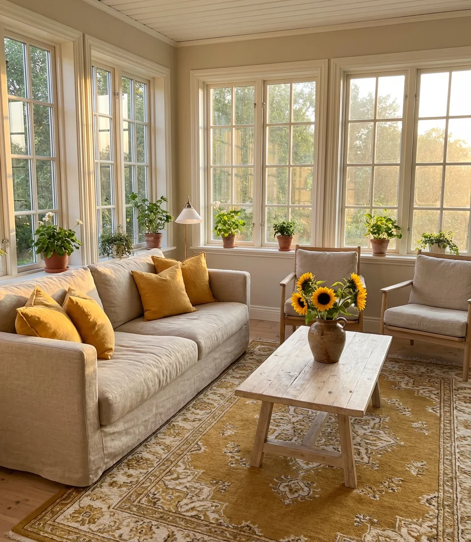 Yellow Sunroom with Cheerful Accents and Bright Textiles 2