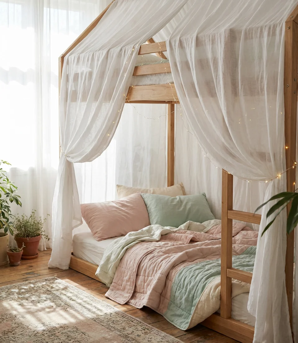 Aesthetic Bunk Beds with Canopy Draping 1