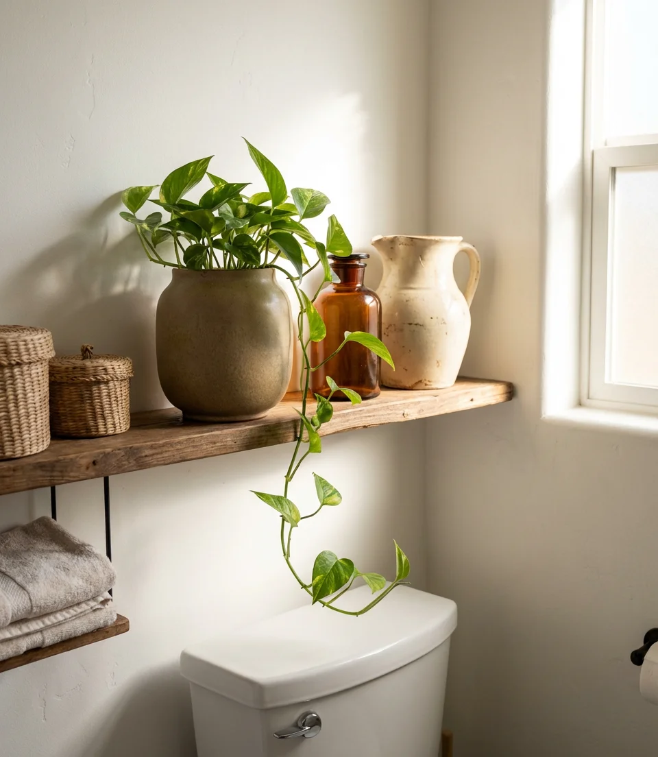 Aesthetic Toilet Shelf Ideas with Plants and Ceramics 1