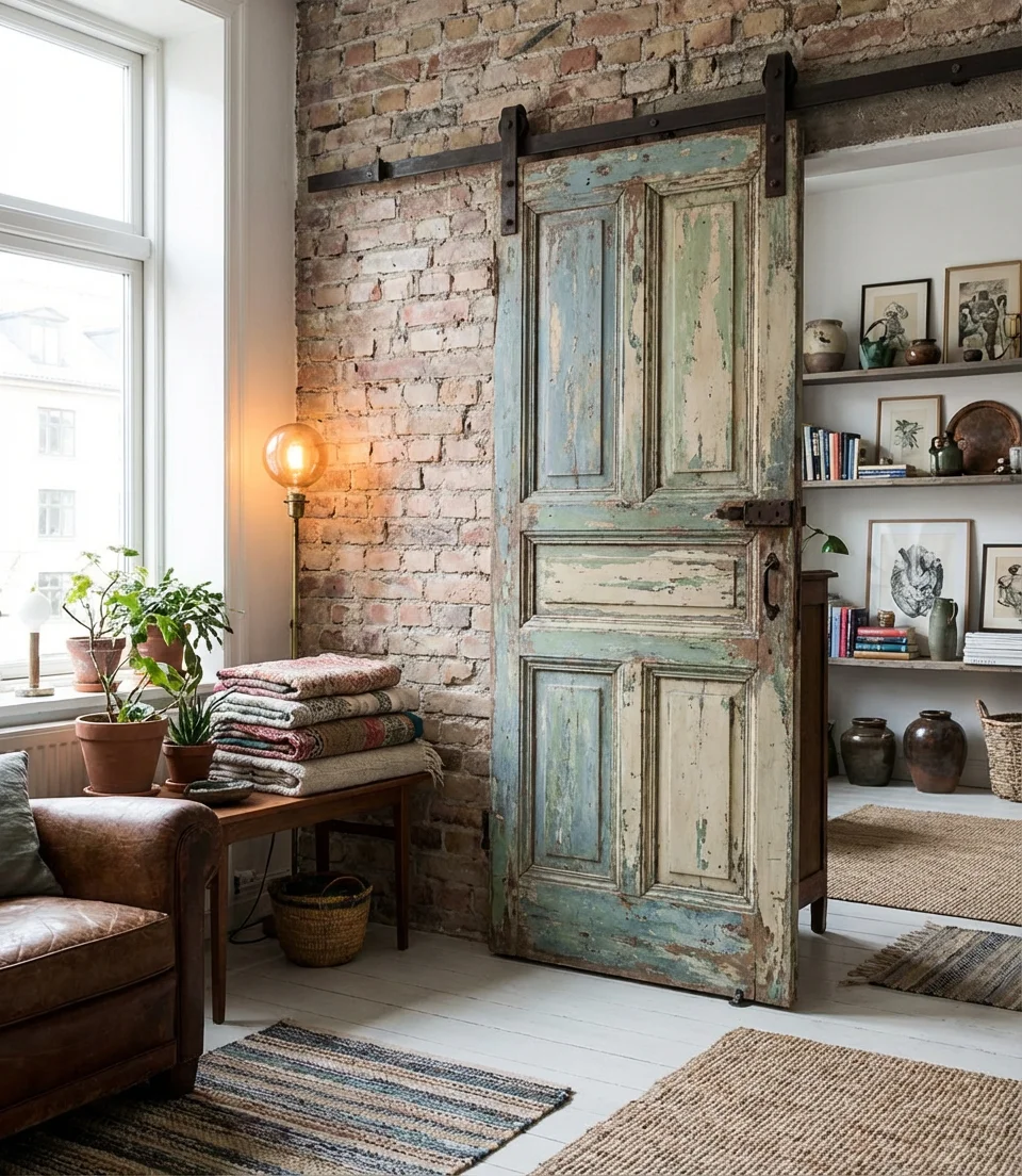 Antique Barn Door Repurposed Indoors 1
