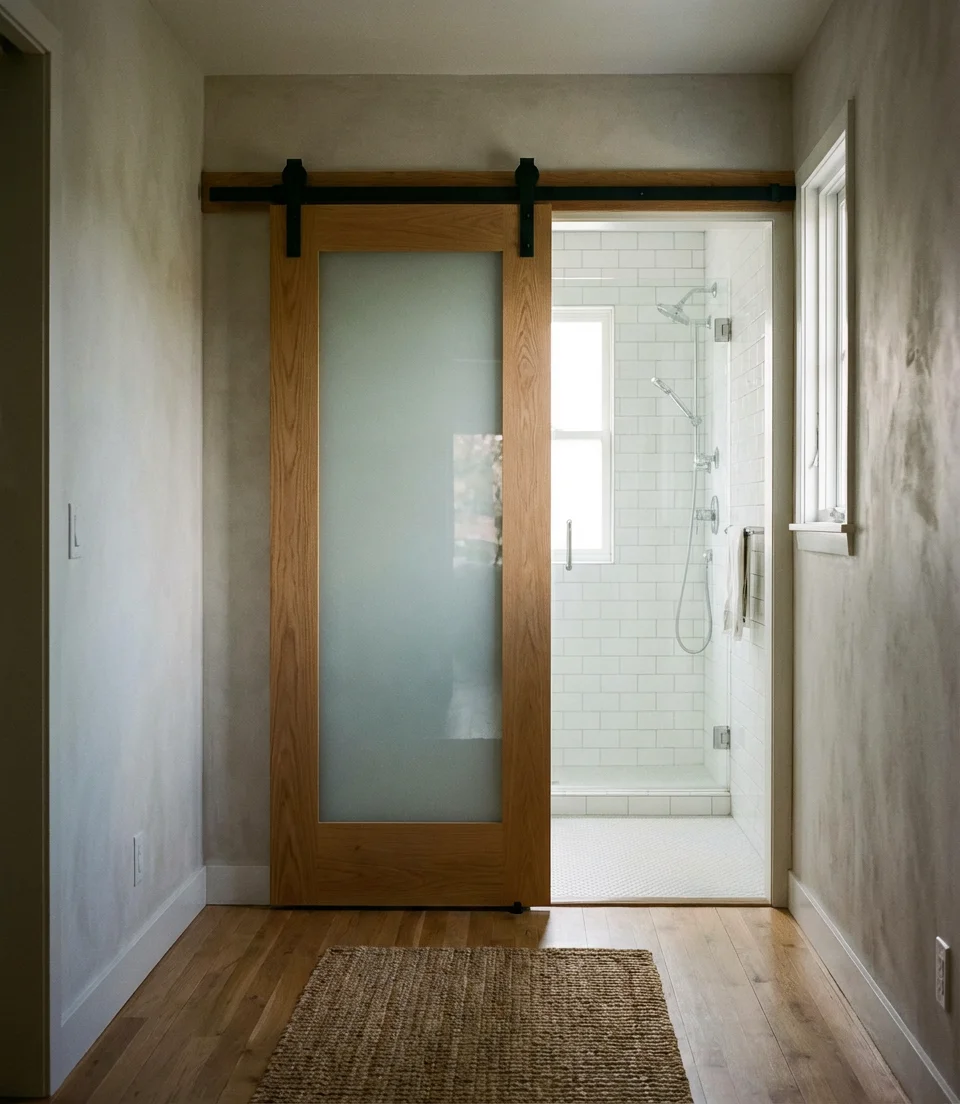 Bathroom Barn Door with Frosted Glass Panel 1