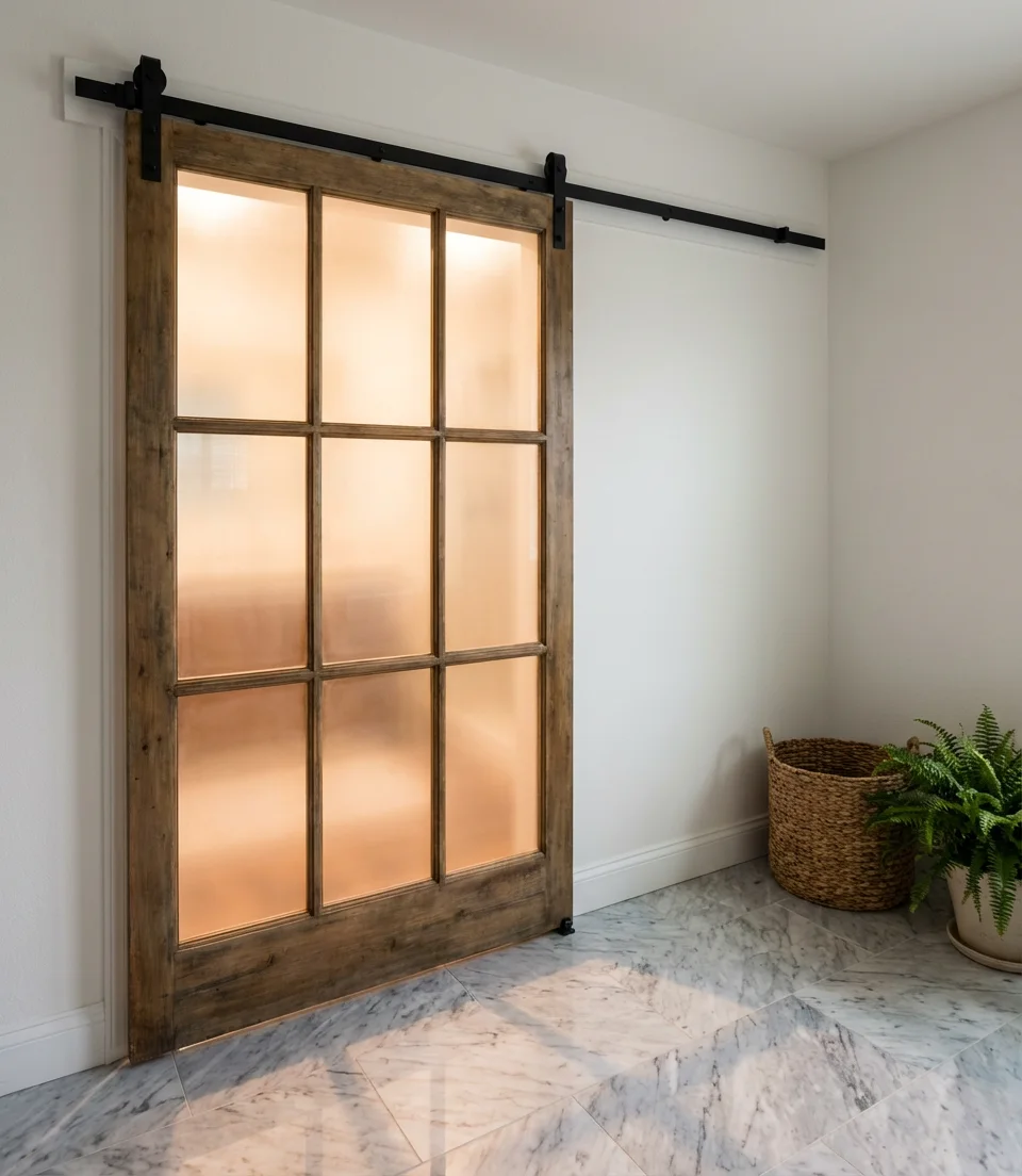 Bathroom Barn Door with Frosted Glass Panel 2