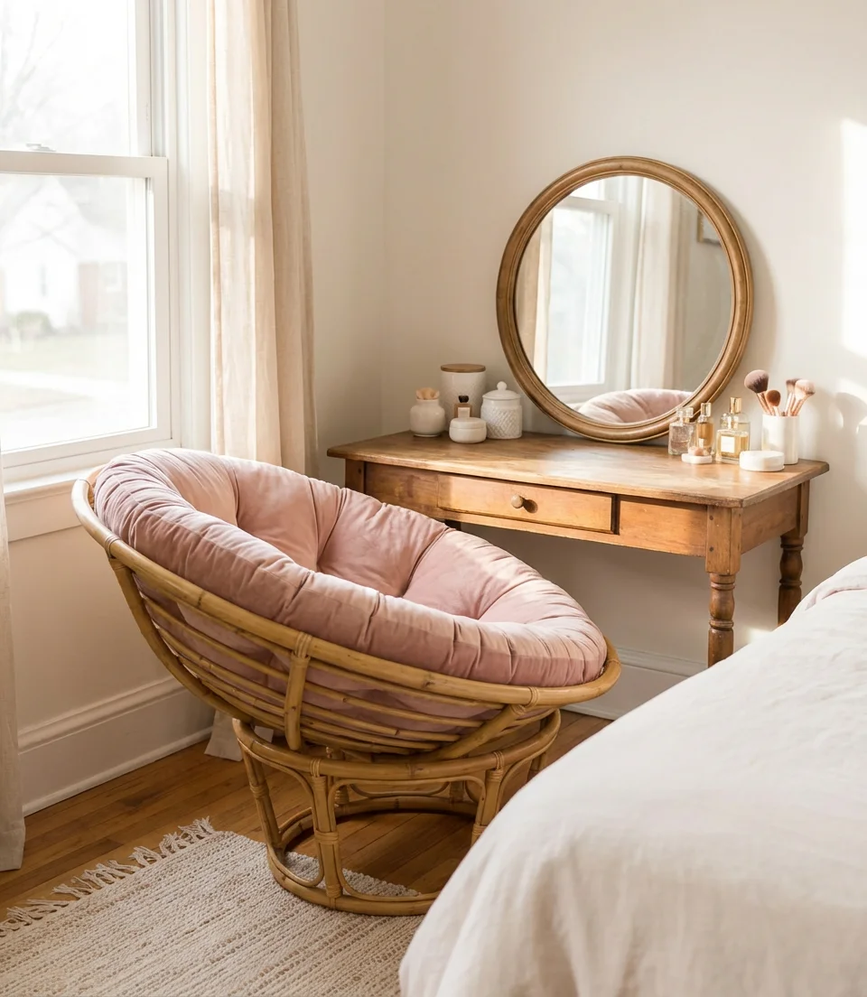 Bedroom Ideas with Papasan as a Vanity Seat 1