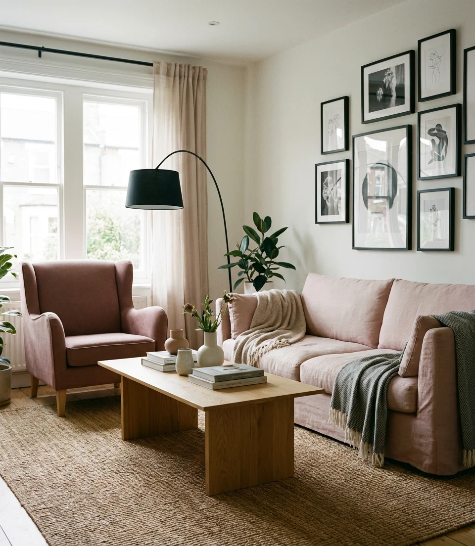 Black Accent Pieces in a Soft Pink Living Room 1