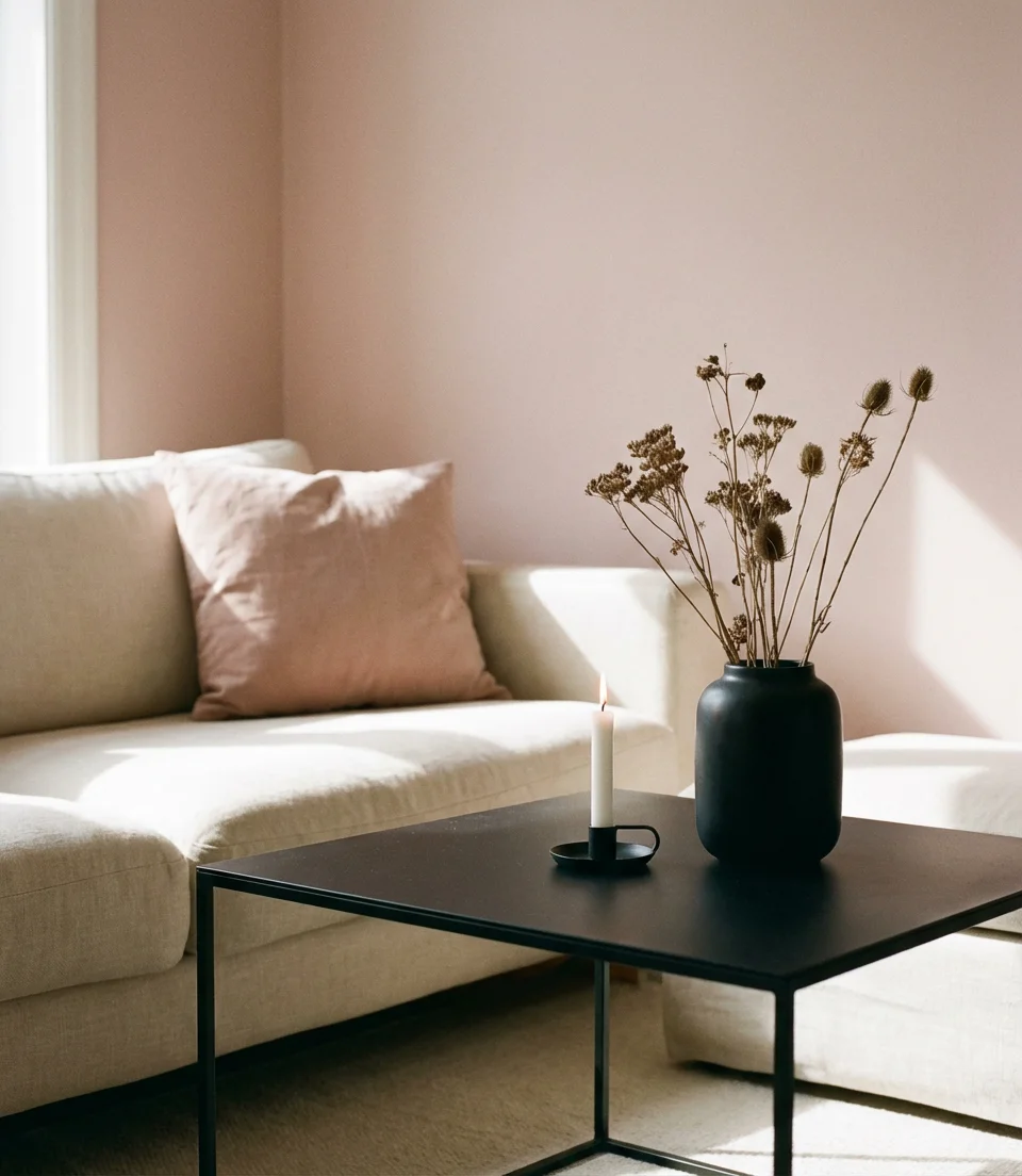 Black Accent Pieces in a Soft Pink Living Room 2