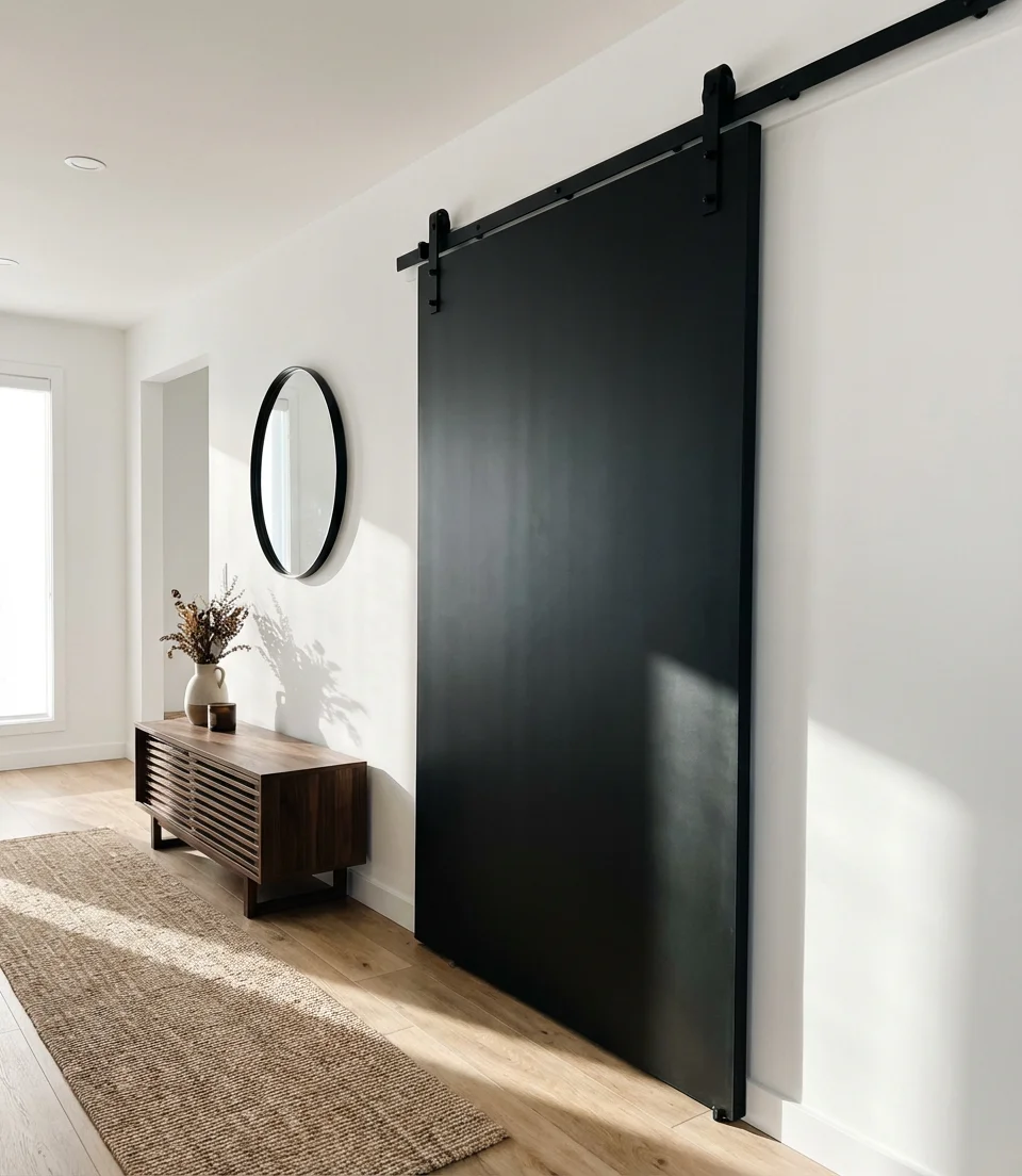 Black Barn Door Against White Walls 1