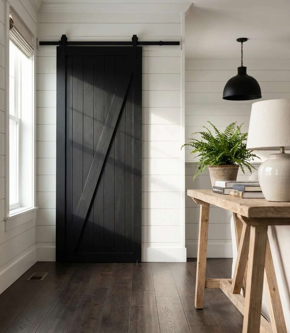 Black Barn Door Against White Walls 2