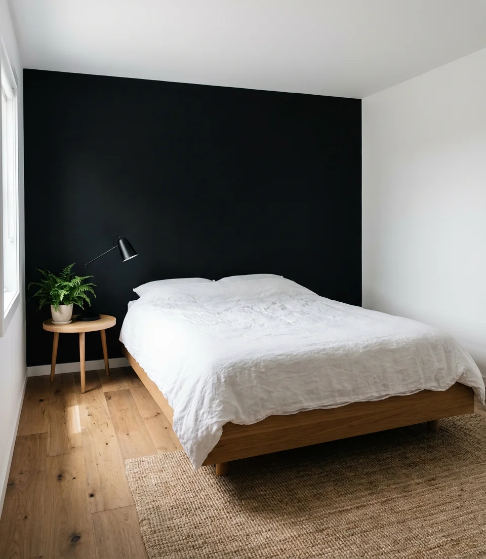 Black Bedroom Accent Wall With Neutral Everything Else 1