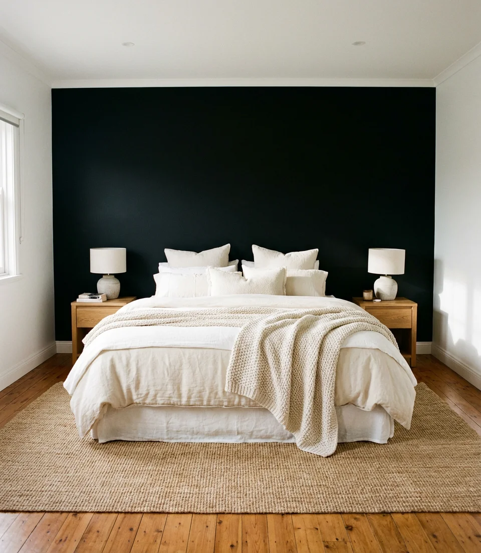 Black Bedroom Accent Wall With Neutral Everything Else 2