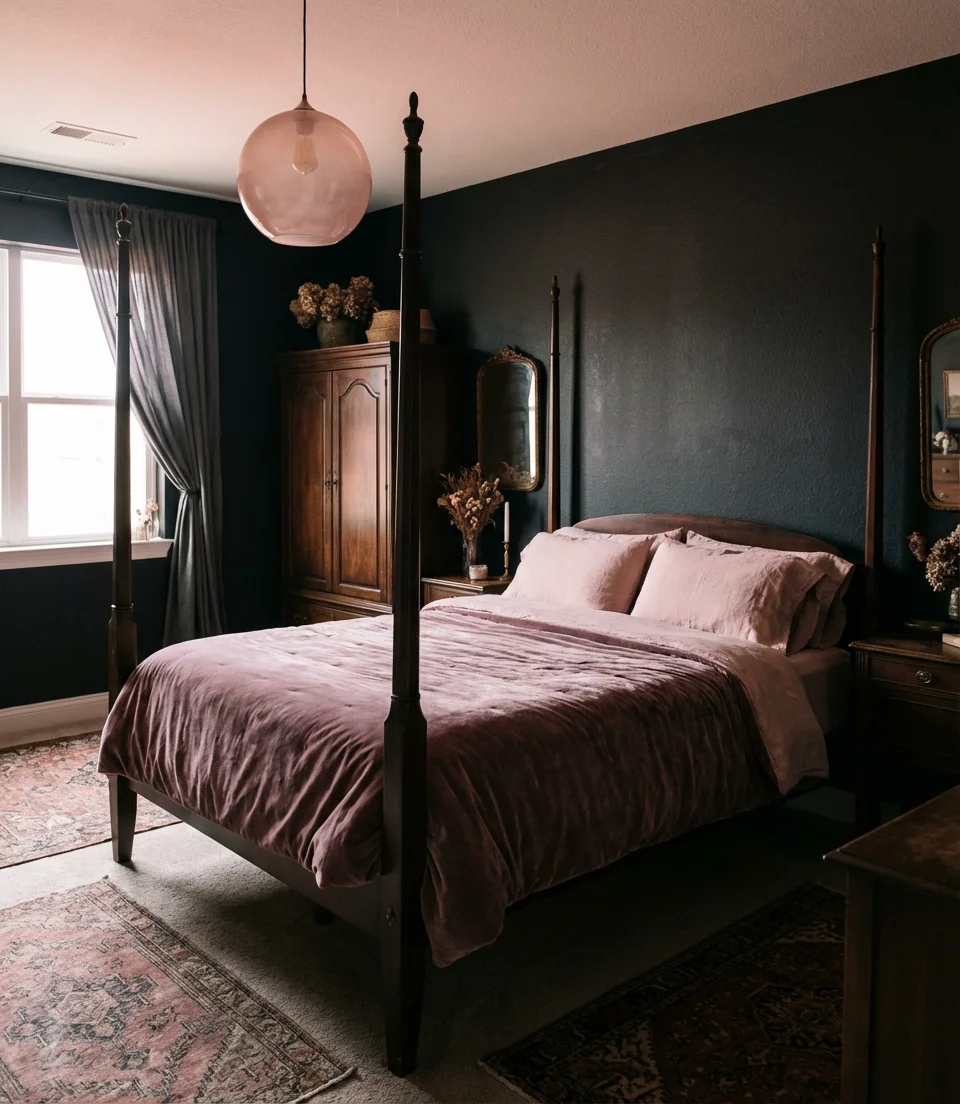 Black Bedroom With Blush and Mauve Softness 1