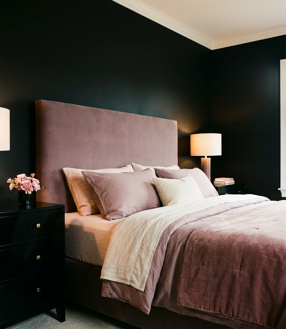 Black Bedroom With Blush and Mauve Softness 2