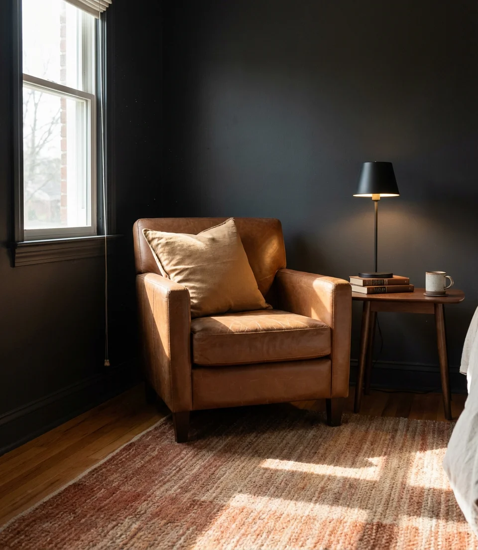 Black Bedroom With Brown and Tan Leather Accents 2