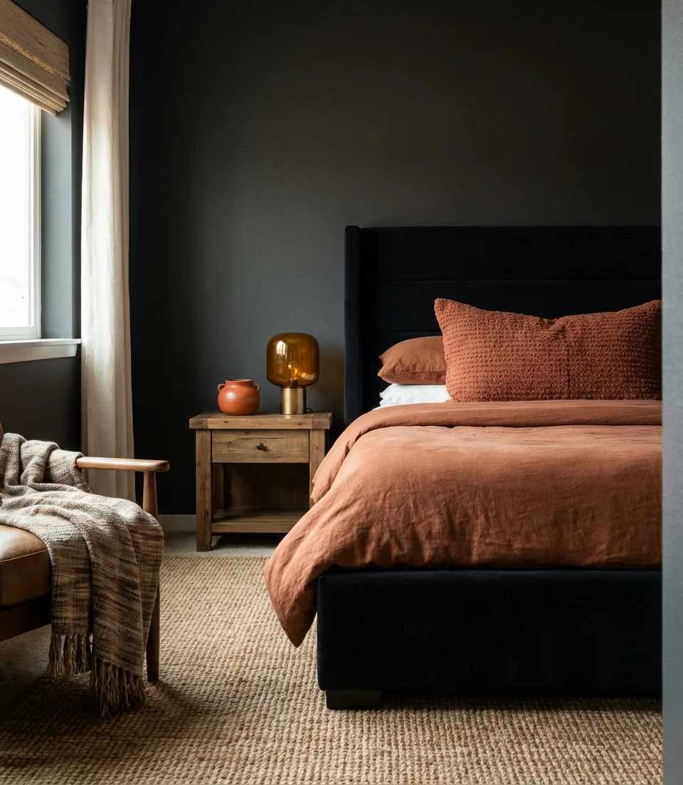 Black Bedroom With Orange and Rust Warmth 1
