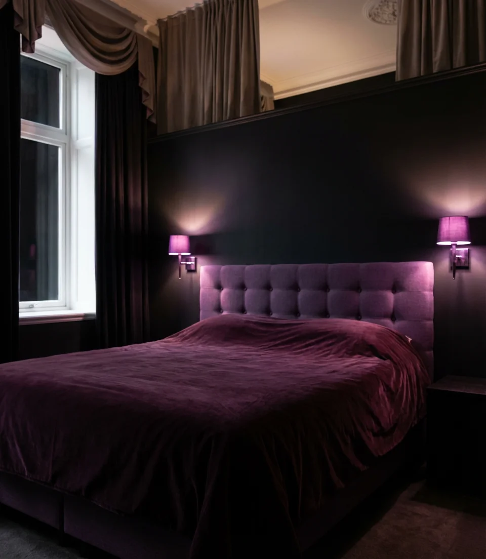 Black Bedroom With Purple and Plum Accents 1