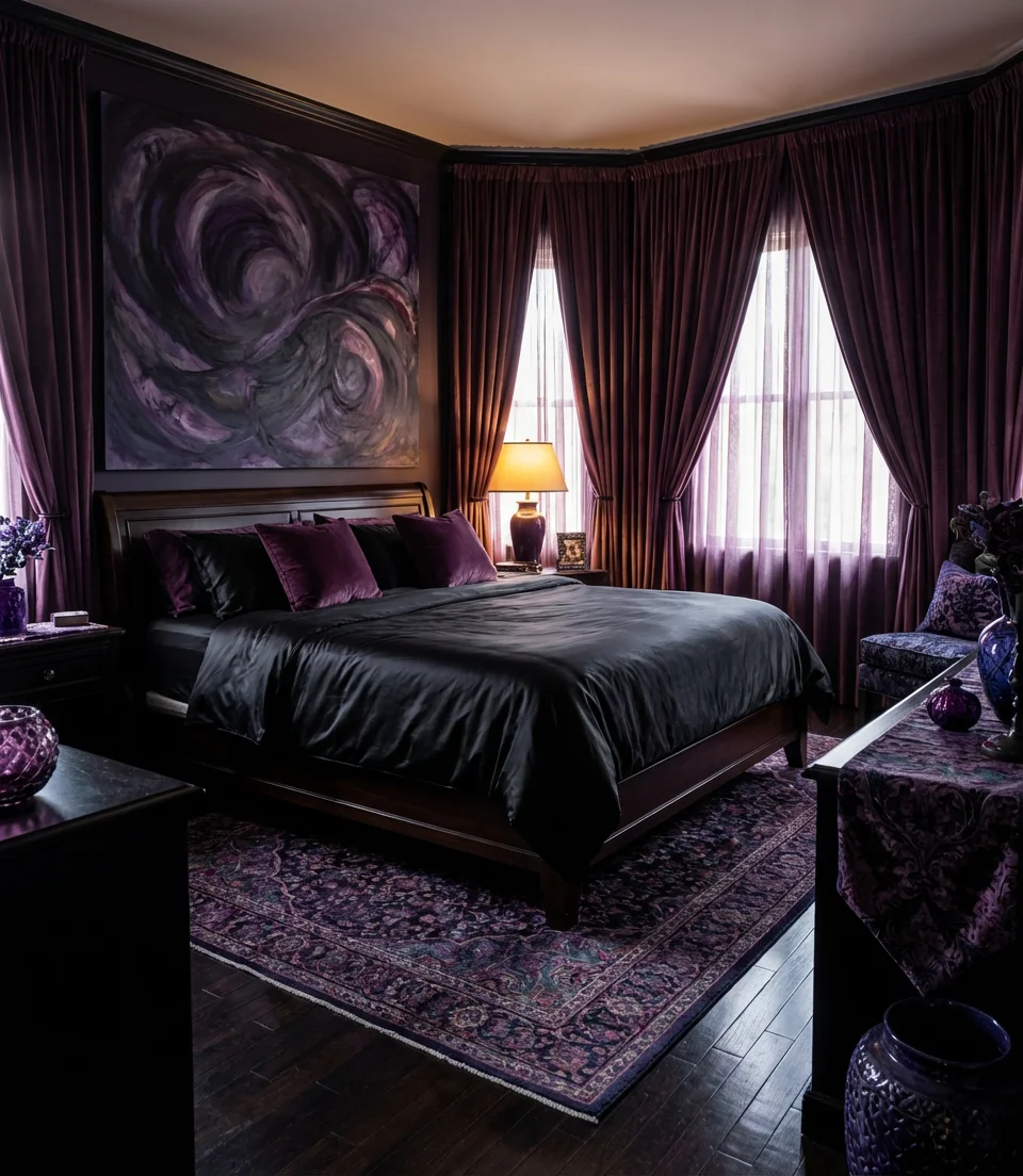 Black Bedroom With Purple and Plum Accents 2