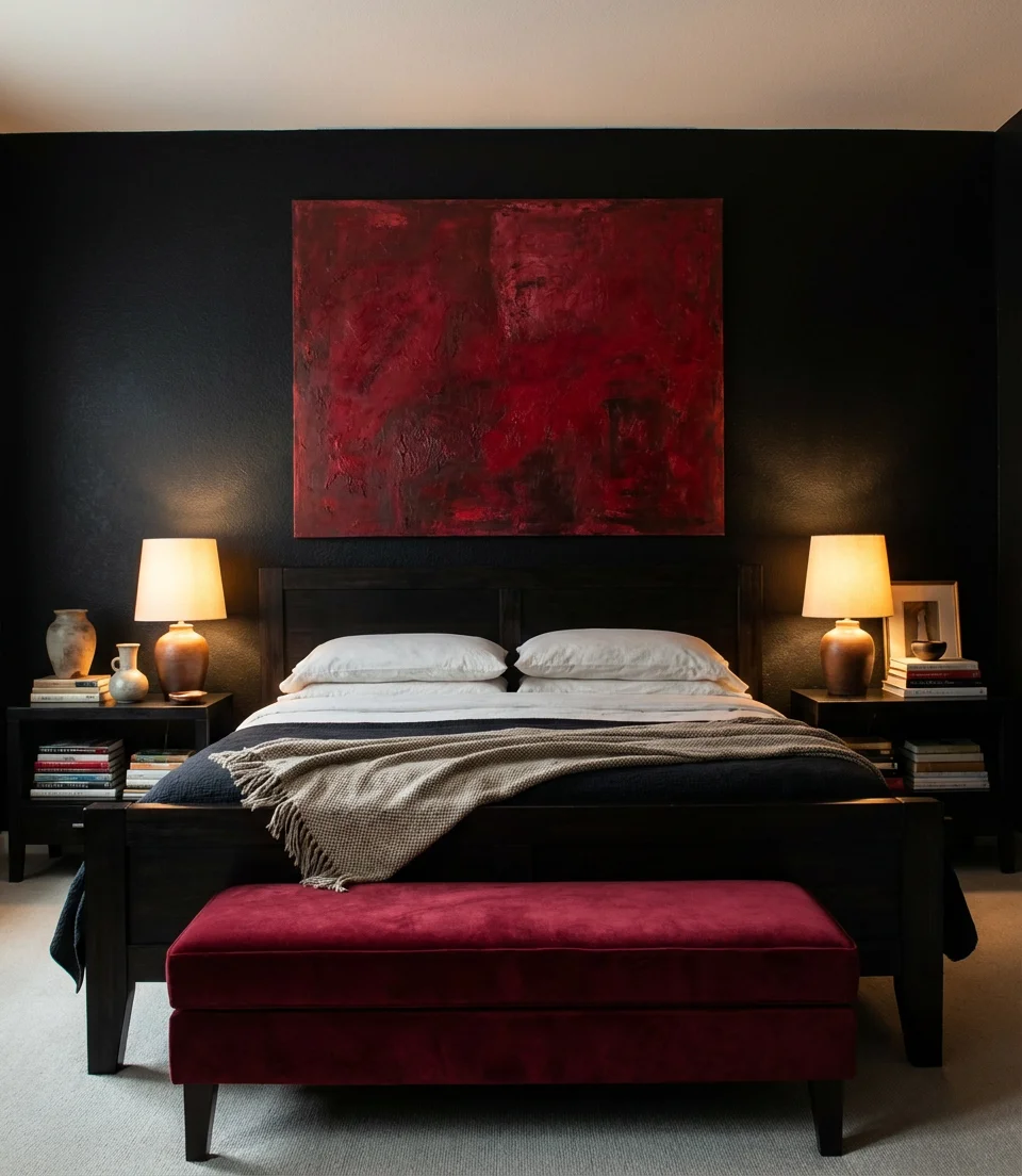 Black Bedroom With Red Statement Pieces 1