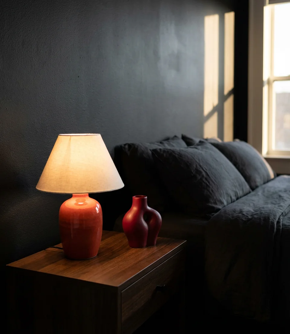 Black Bedroom With Red Statement Pieces 2