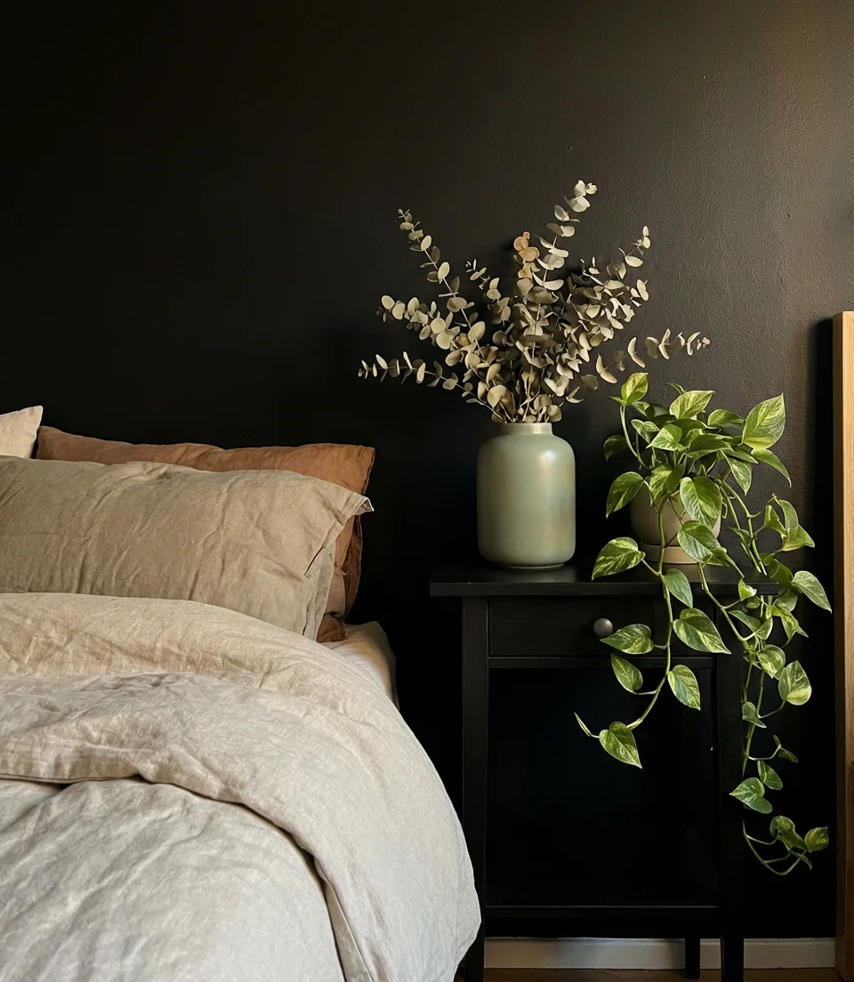 Black Bedroom With Sage Green Accents 2