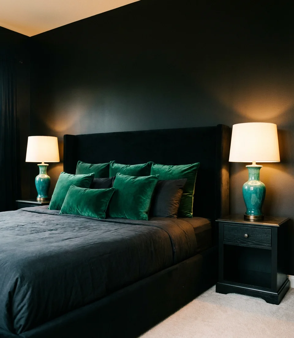 Black Bedroom With Teal and Emerald Accents 1