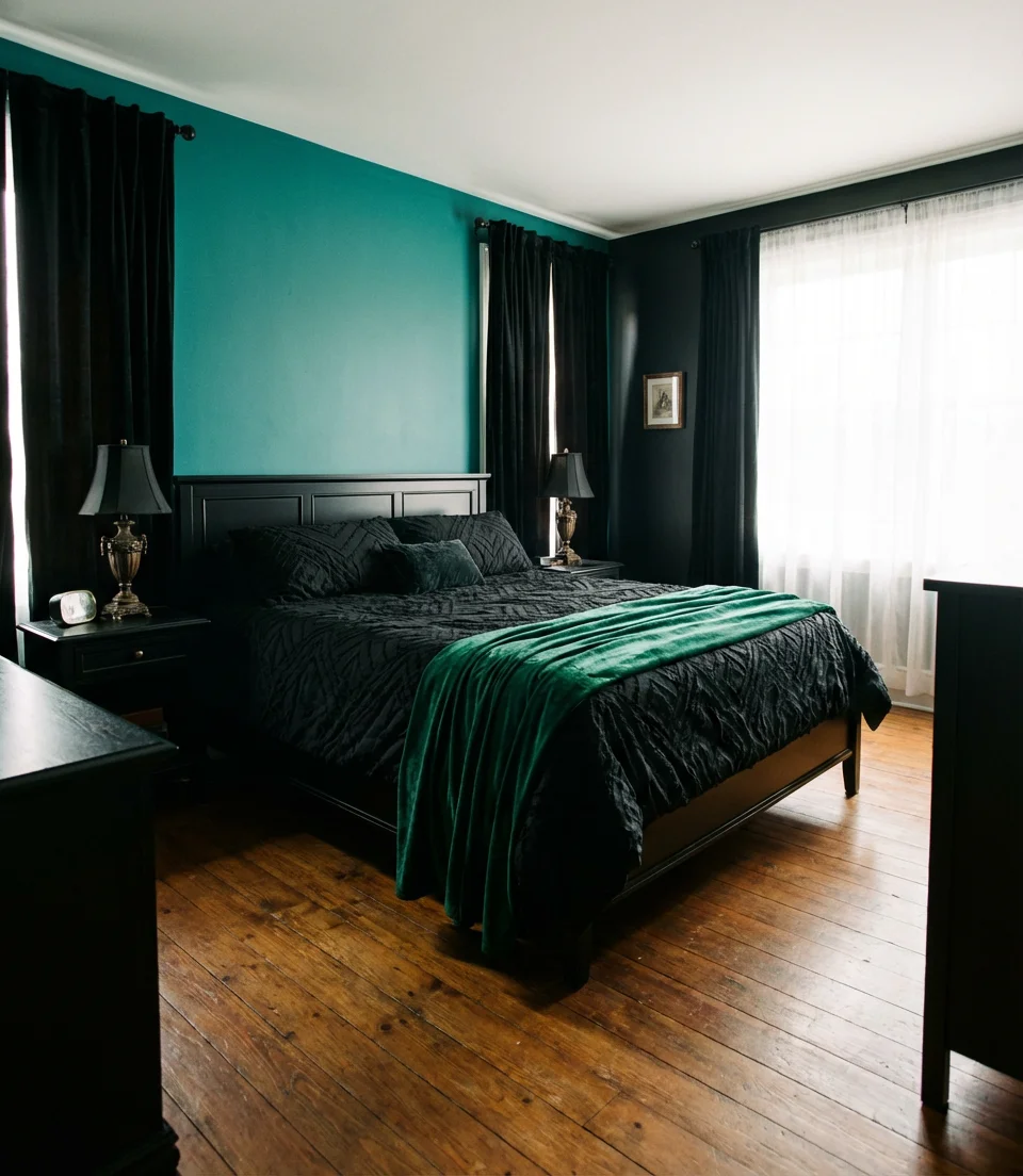 Black Bedroom With Teal and Emerald Accents 2