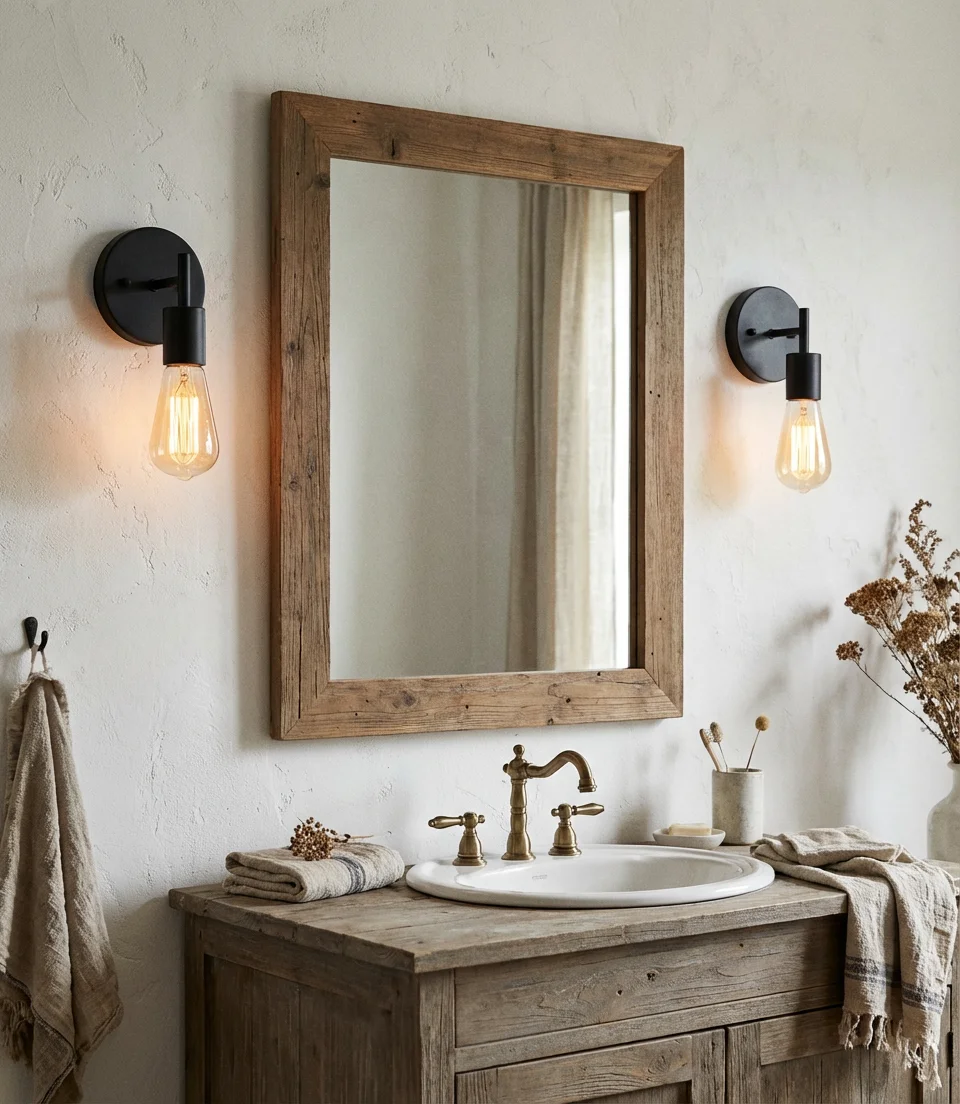Black Iron Sconces Flanking the Mirror 1