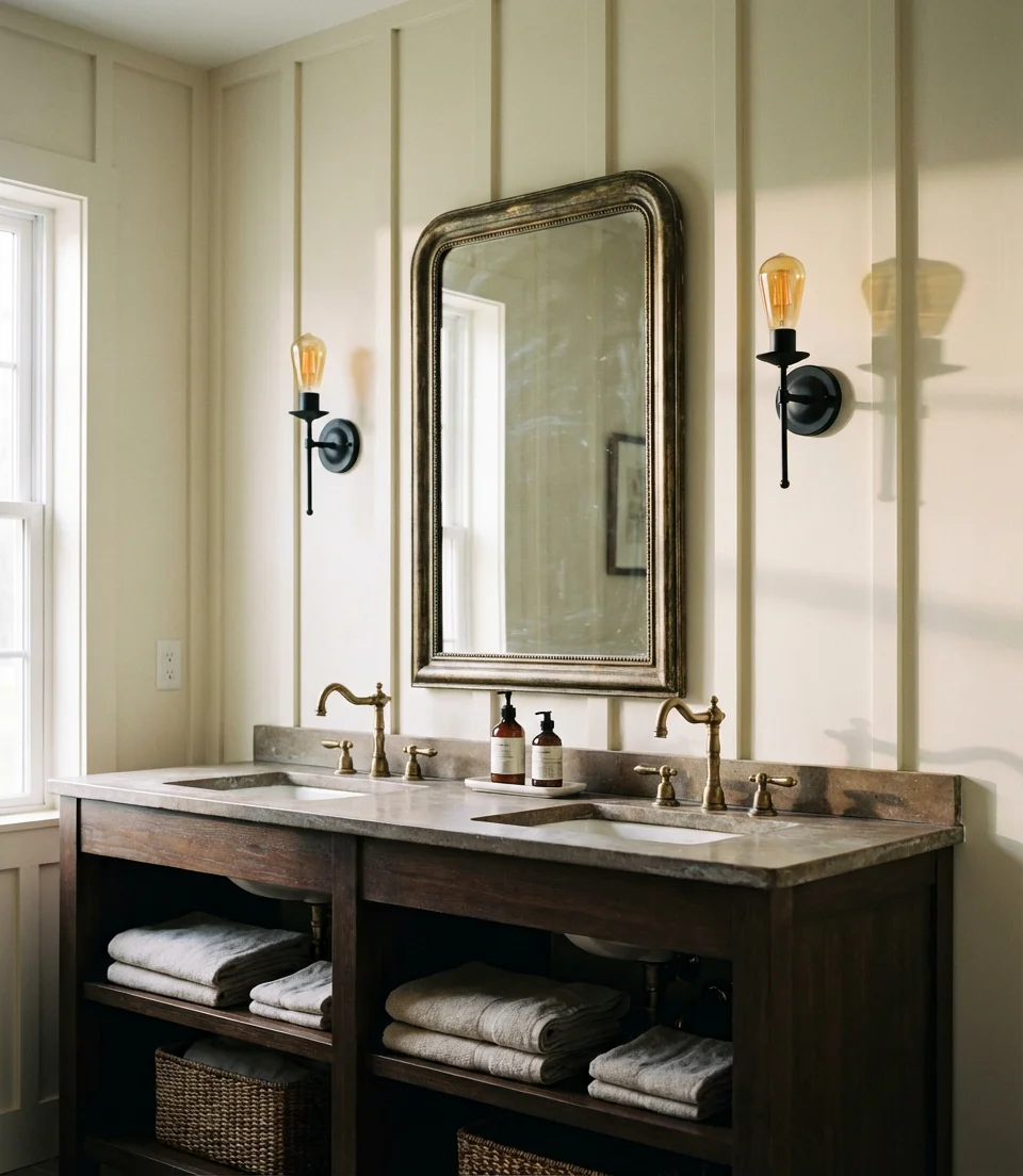 Black Iron Sconces Flanking the Mirror 2