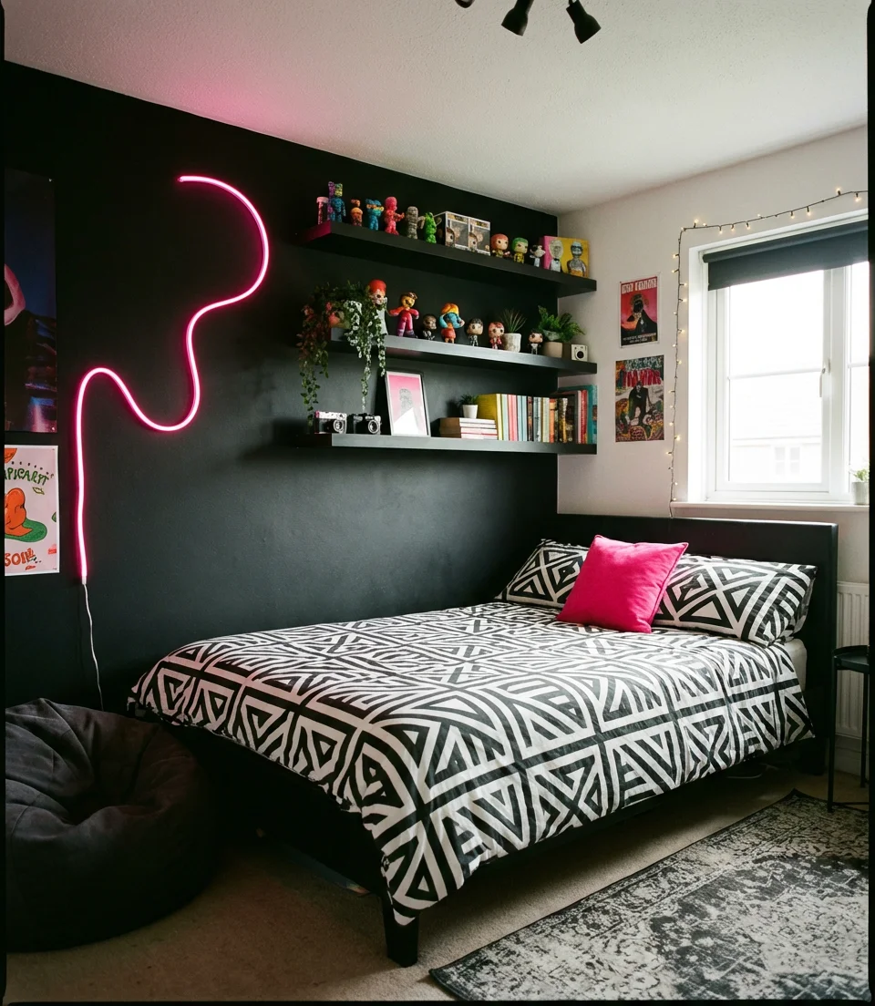 Black Teen Bedroom With Bold Pops of Color 2