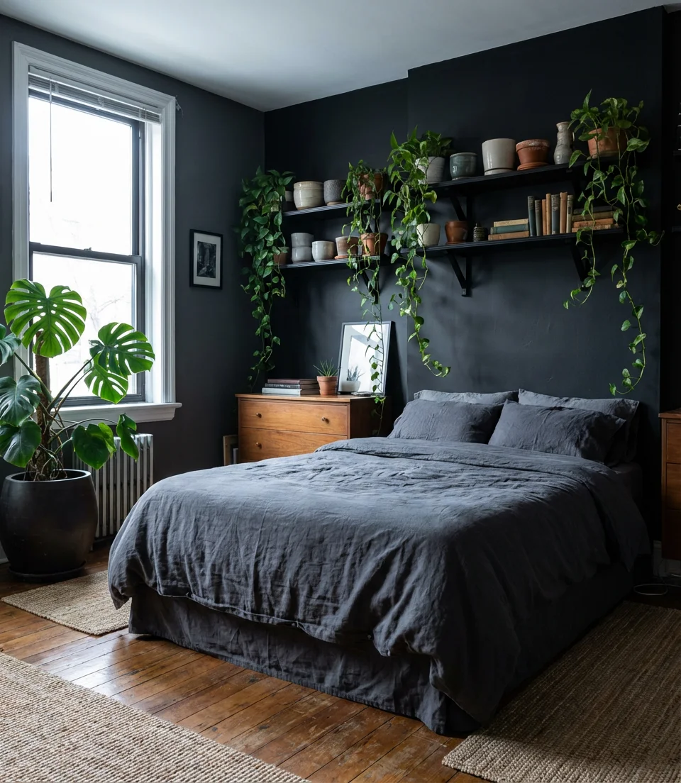 Black and Gray Bedroom With Green Plants 1
