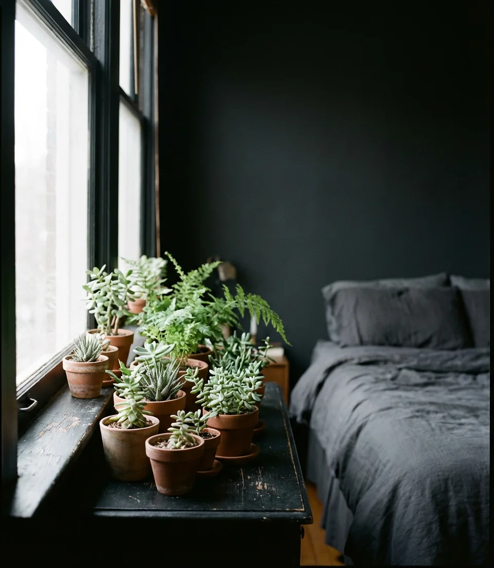 Black and Gray Bedroom With Green Plants 2