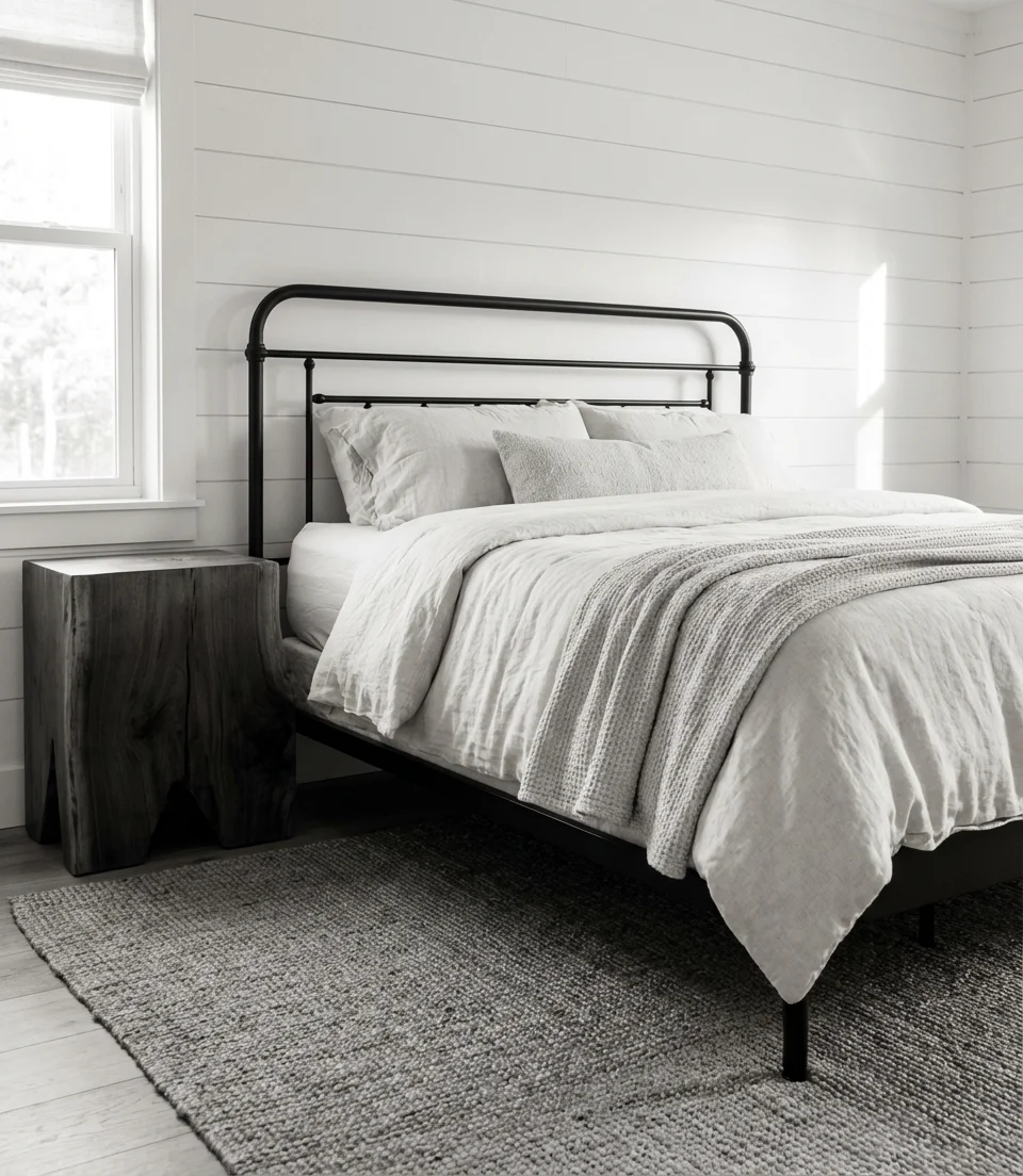 Black and White Farmhouse Bedroom With Graphic Contrast 1
