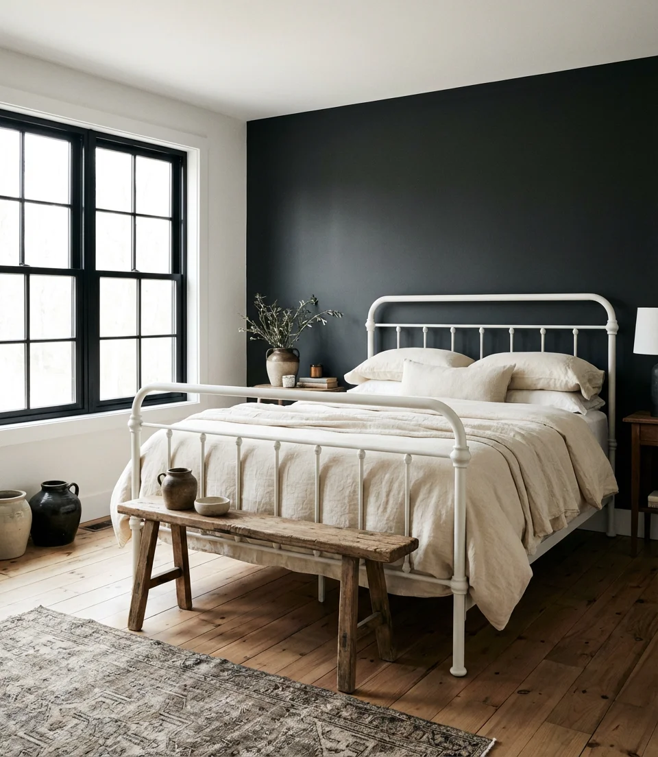Black and White Farmhouse Bedroom With Graphic Contrast 2