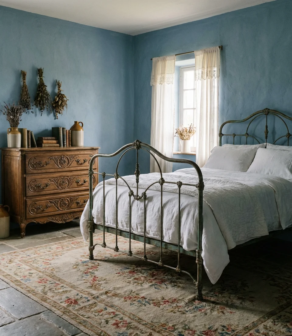 Blue Farmhouse Bedroom With French Country Details 1