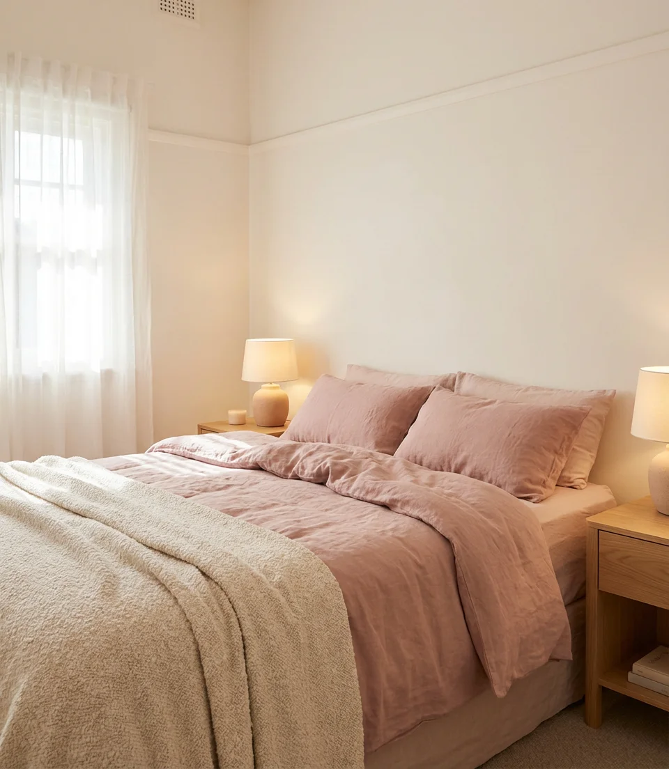 Blush Pink Bedroom with Linen Layers 1