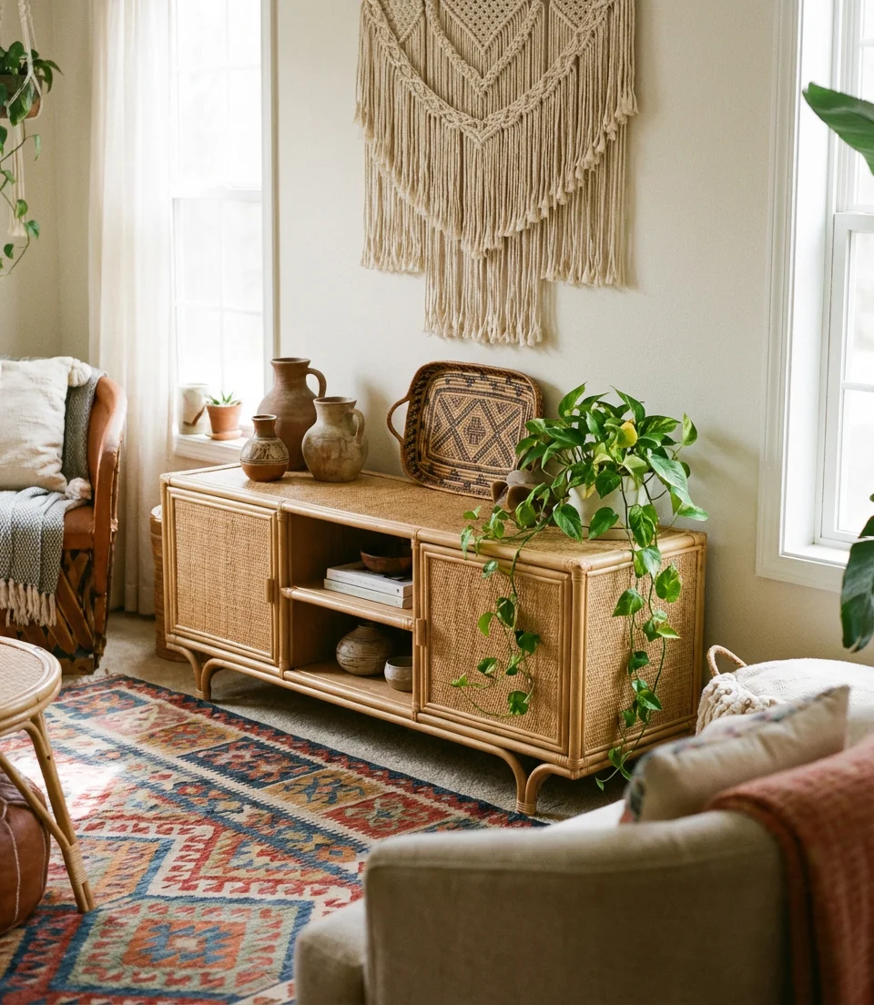 Boho Console Styling with Layered Textiles 1