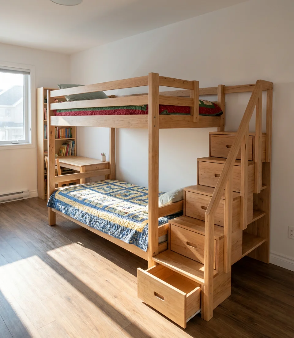 Bunk Bed with Built-In Staircase Storage Drawers 1