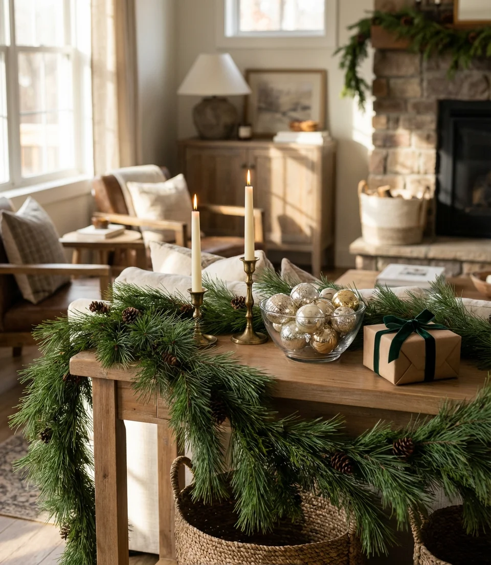 Christmas Console Decorating with Cozy Layers 1
