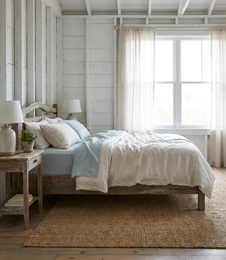 Coastal Farmhouse Bedroom With Natural Fiber Accents 1