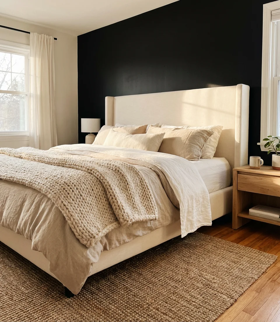 Cozy Black Bedroom With Cream and Beige Layering 1