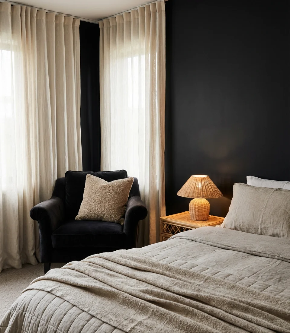 Cozy Black Bedroom With Cream and Beige Layering 2