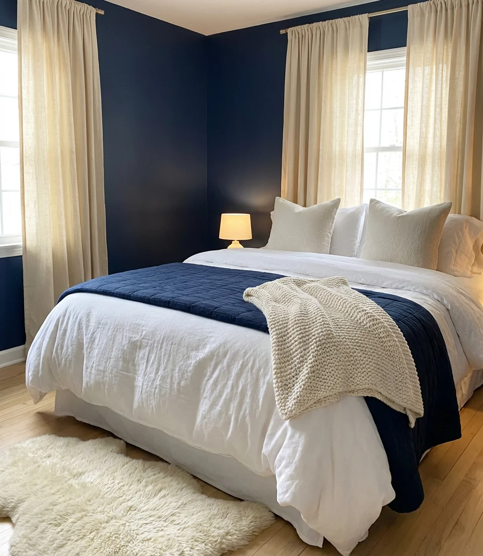 Cozy Blue Bedroom with Layered Textiles 1