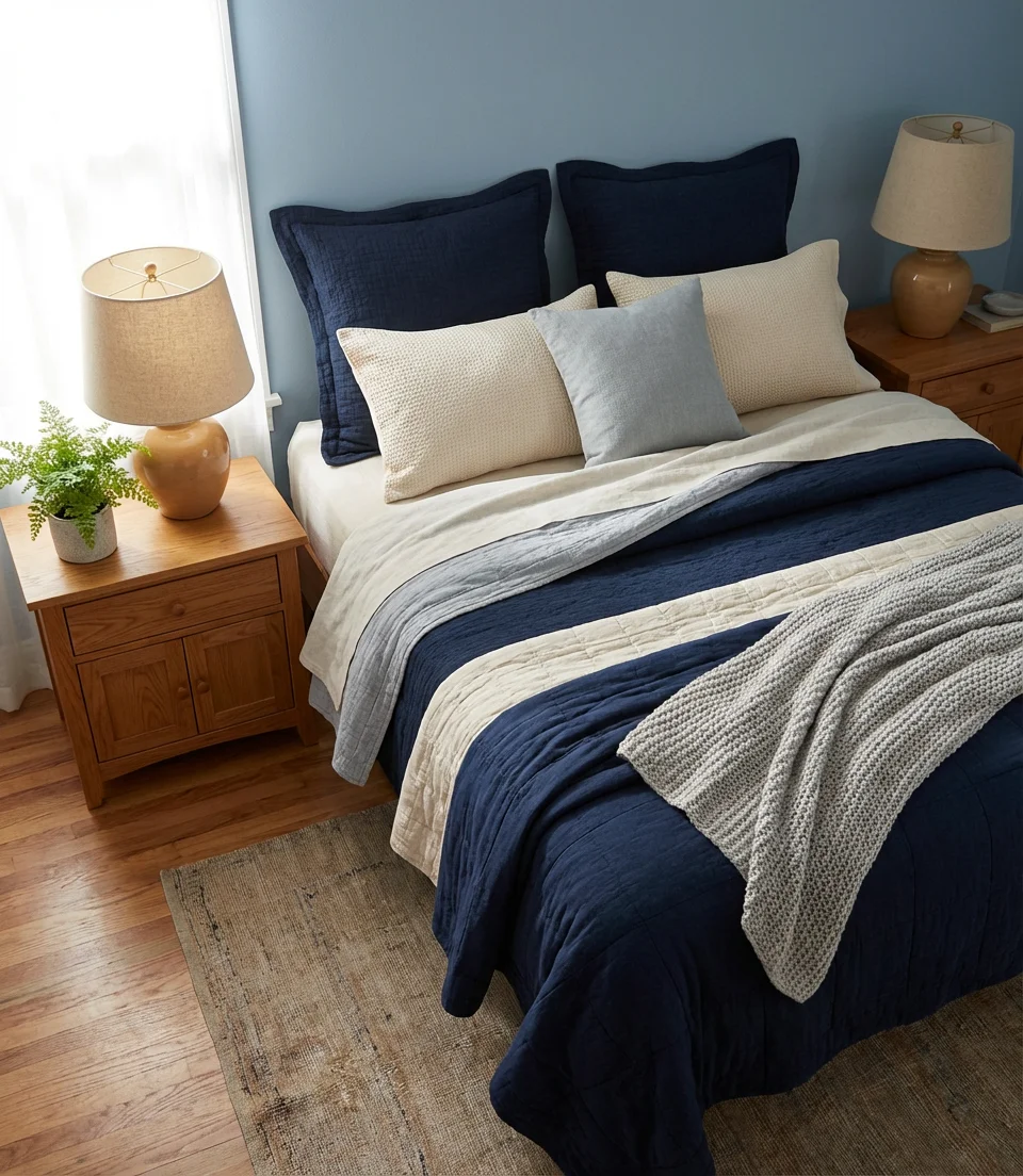 Cozy Blue Bedroom with Layered Textiles 2