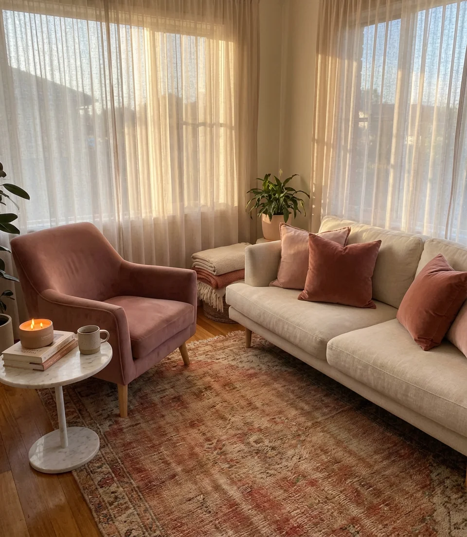 Cozy Pink Living Room with Velvet Accents 1