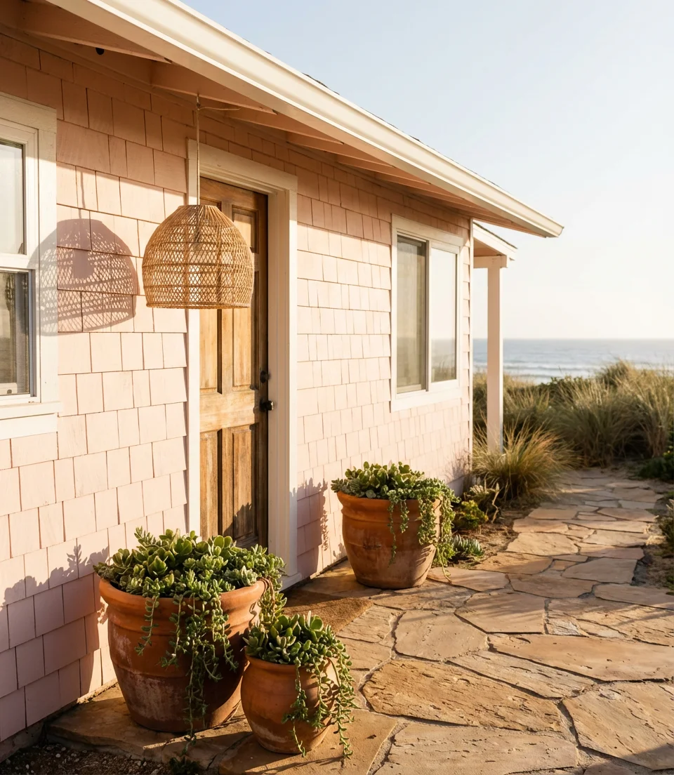 Cute Pink Beach House Exterior 1
