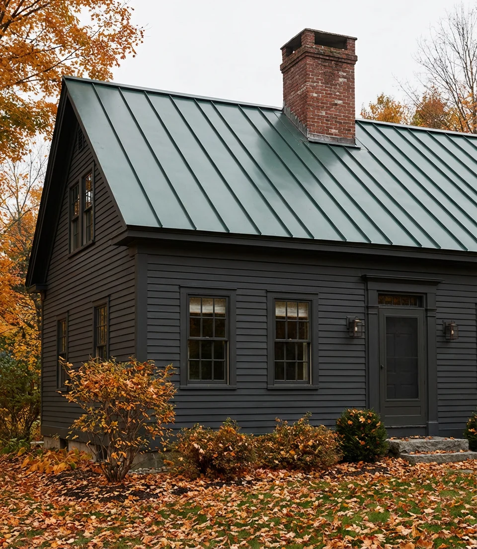 Dark Exterior with Green Roof and Brick Chimney 1