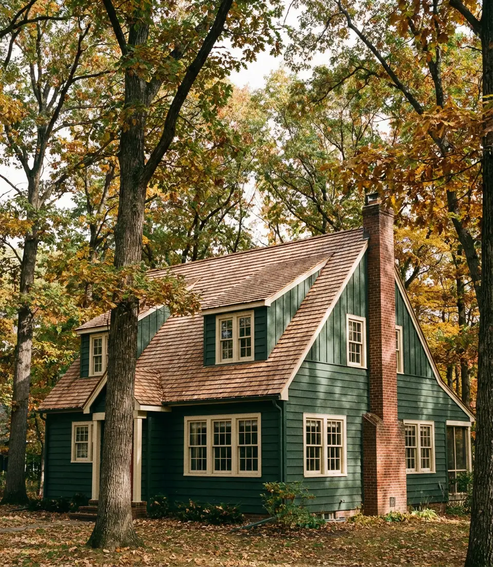 Dark Green With Brown Roof and Red Brick Wall 1