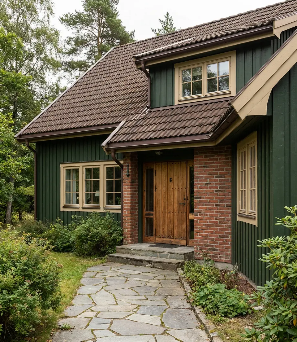 Dark Green With Brown Roof and Red Brick Wall 2
