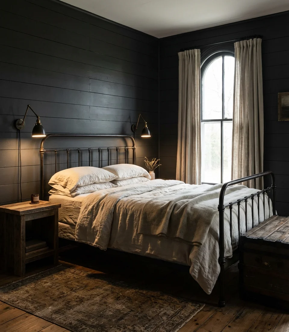 Dark Moody Farmhouse Bedroom With Deep Wall Color 1
