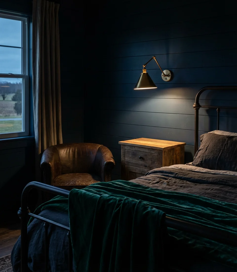 Dark Moody Farmhouse Bedroom With Deep Wall Color 2
