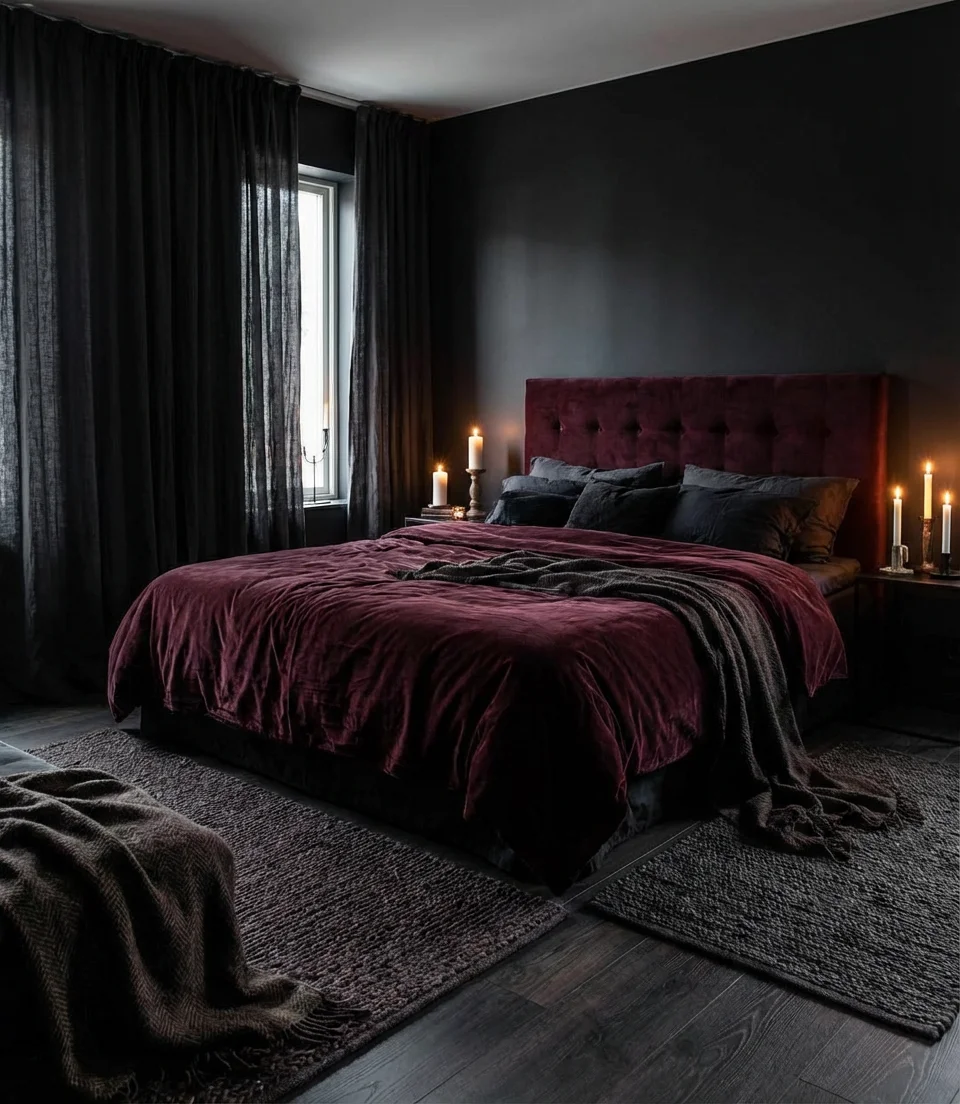 Dark Romantic Bedroom With Burgundy and Black 1